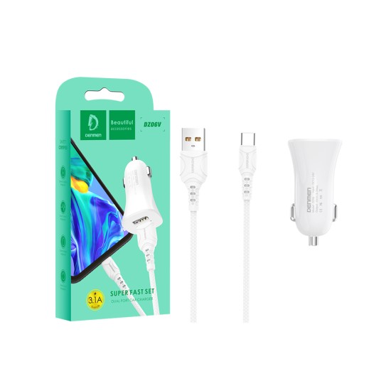 CAR CHARGER ADAPTER DENMEN DZ06V DUAL USB 3.1A WHITE